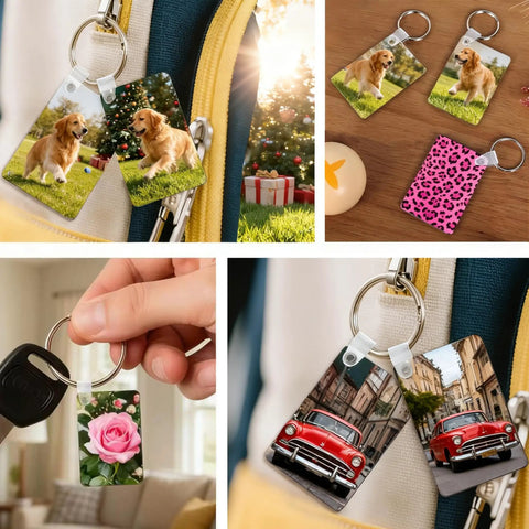 Bulk Sublimation Keychain Blanks Set For Heat Press DIY Projects with various custom prints including dogs and flowers