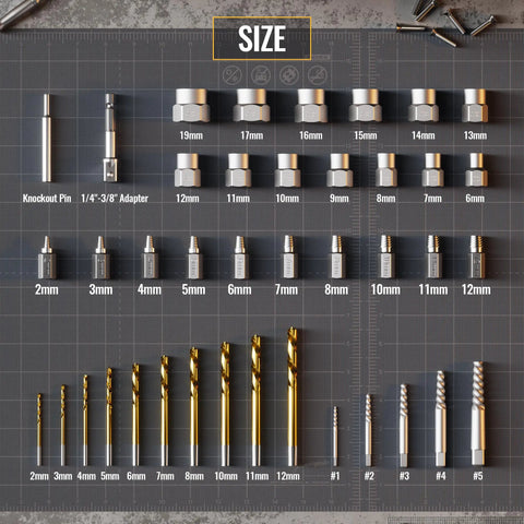 40 Piece Metric Bolt And Screw Extractor Kit With Left Hand Cobalt Drill Bits displayed on a grid with sizes and labels.