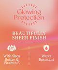 Glowing Protection label highlighting beautifully sheer finish and benefits of Continuous Mist Spray With Protective Oil Formula for Beach Bum Essentials and Poolside Chill Sessions SPF 30.