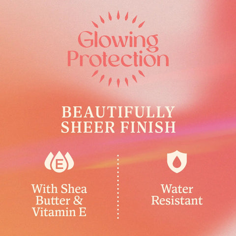 Glowing Protection label highlighting beautifully sheer finish and benefits of Continuous Mist Spray With Protective Oil Formula for Beach Bum Essentials and Poolside Chill Sessions SPF 30.
