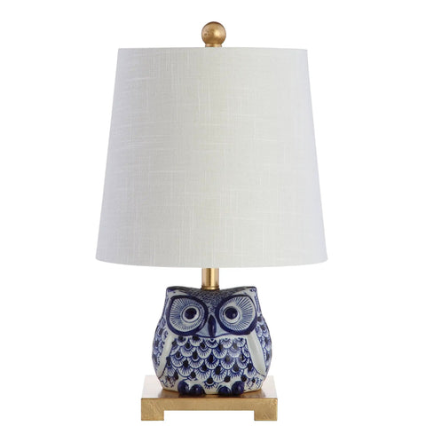 Blue White Ceramic Owl Table Lamp With Linen Shade Cozy Modern Farmhouse Nightstand Light For Bedroom Or Office LED Bulb Included