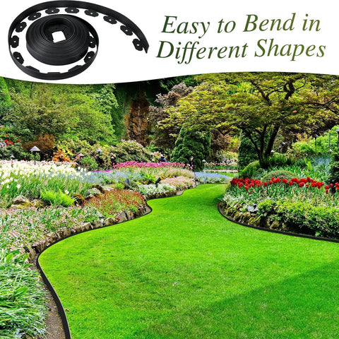 Curved garden path edged with No Dig Landscape Edging Kit With Three 50 Ft Rolls, 120 Spikes, And 12 Connectors, 2 inch black edging.