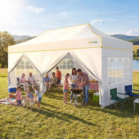 Heavy Duty 10x20 Pop Up Canopy Tent With Six Sidewalls, Waterproof Party Shelter in use at an outdoor gathering