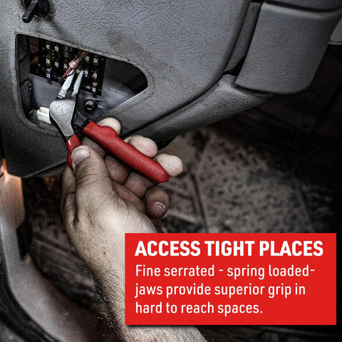 Kiwi Bent Head Needle Nose Pliers Set Of 2 For Tight Spots 6 And 8 Inch Pliers gripping wires inside a car dashboard