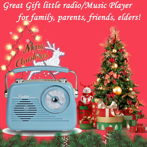 Grab N Go Portable AM FM Shortwave Radio Bluetooth Speaker in festive holiday setting with gifts and decorations