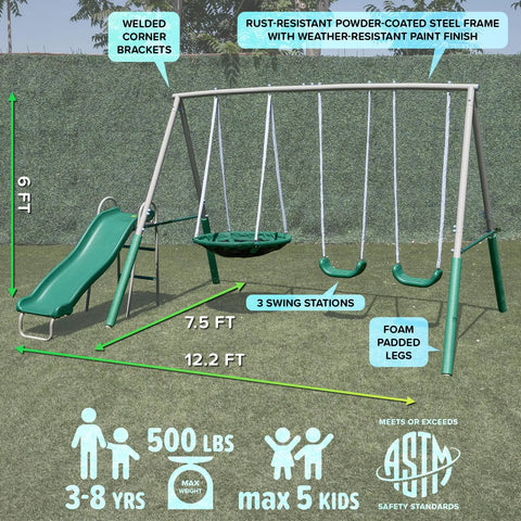 Northridge Metal Swing Set With Five Seat Swing 500 Lb Capacity 32 Inch Saucer Swing Two Blow Molded Swings And Five Foot Slide