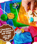 Colorful foil wrappers and candy bars from Totally Fun Chocolate Making Kit For Kids With Candy Bar Molds Lolly Sticks And Wrappers