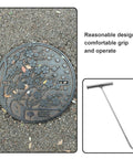 Heavy Duty Manhole Cover Hook With T Shaped Handle 15 Inch Pull Tool shown next to a manhole cover on outdoor ground