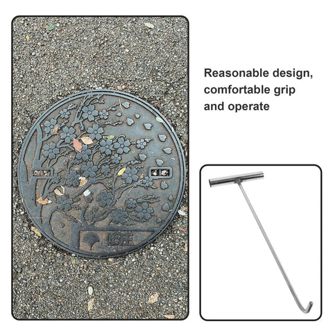 Heavy Duty Manhole Cover Hook With T Shaped Handle 15 Inch Pull Tool shown next to a manhole cover on outdoor ground