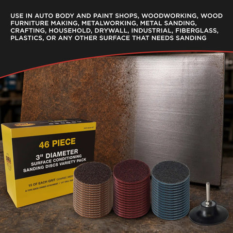 46 Piece 3 Inch Sanding Discs Variety Pack With Coarse Medium Fine Grits Quick Change Backing Pad One Quarter Inch Drill Adapter