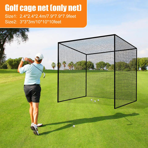 Golfer practicing with Durable Nylon Batting Cage Net Only For Backyard Golf Practice Seven Point Eight Foot Square With 10 Carabiners And 4 Tie Ropes Anti Miss Ball Corners Indoor Outdoor Net For Training And Practice on a golf course.