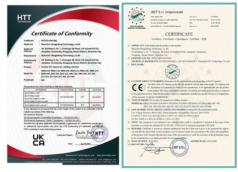 Certificate of Conformity for MMA Welder Kit 110V 120V Stick Welder shown in official document layout