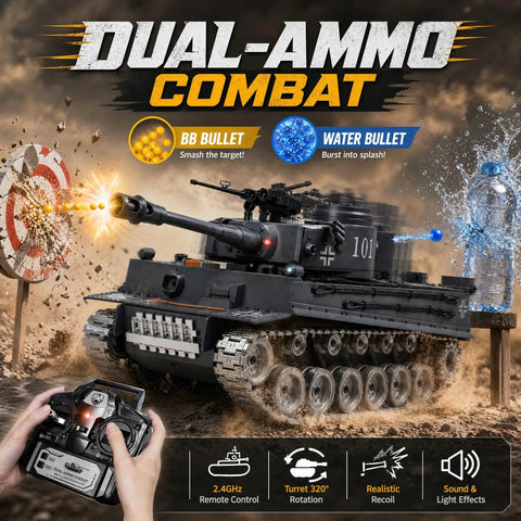 1:18 Tiger RC Tank With Metal Tracks That Shoot BB Pellets And Water Bombs, 45-Degree Climb, 2.4GHz Remote Control, realistic battle scene