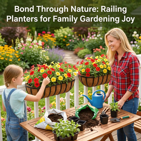 Mother and daughter planting flowers in 24 Inch Railing Planter With Adjustable Brackets Window Box With Coco Liner.