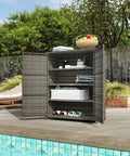 Sturdy Wicker Outdoor Storage Cabinet With Four Shelves And Two Doors by the pool with towels and spa items, mixed gray.