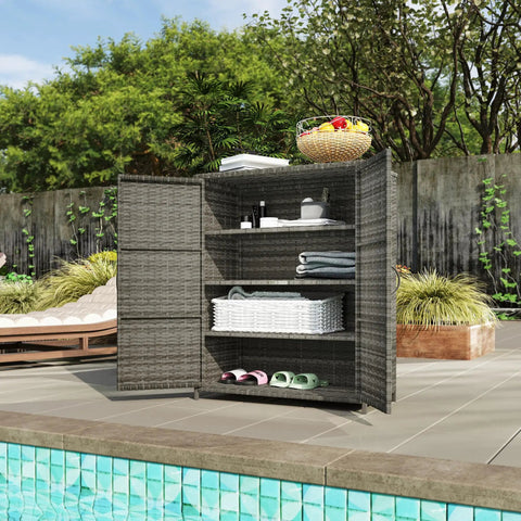 Sturdy Wicker Outdoor Storage Cabinet With Four Shelves And Two Doors by the pool with towels and spa items, mixed gray.