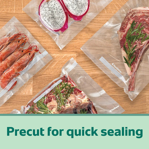 Heavy Duty Quart Vacuum Seal Bags 44 Pack With 30 Percent Extra Thickness showing sealed foods on wooden surface