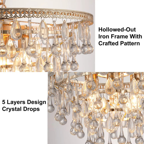 Close-up of Gold Crystal Raindrop Chandelier Pendant Light with brass gold frame and sparkling crystal drops for entryway.