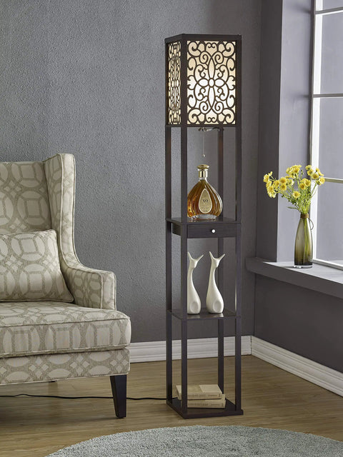 63 Inch Espresso Etagere Floor Lamp With Drawer, Floral Shade Panels, Three Large Display Shelves, Pull Chain On Off, Smart Outlet Compatible.