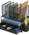 Mesh Desk Organizer With Sliding Drawer And Double Tray, Five Upright Sections For Files And Office Supplies, Black Finish