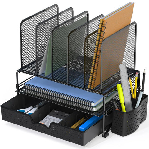 Mesh Desk Organizer With Sliding Drawer And Double Tray, Five Upright Sections For Files And Office Supplies, Black Finish