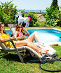 Outdoor Misting System For Patio And Yard, 75 Inch Premium Hose Mister beside pool with two women lounging in chairs.