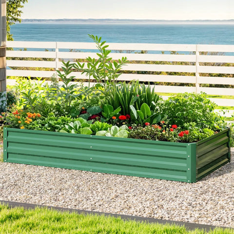 Raised Garden Bed Kit 6x3x1 Ft Outdoor Galvanized Metal Planter Box with plants, safe rolled edges, built to last.
