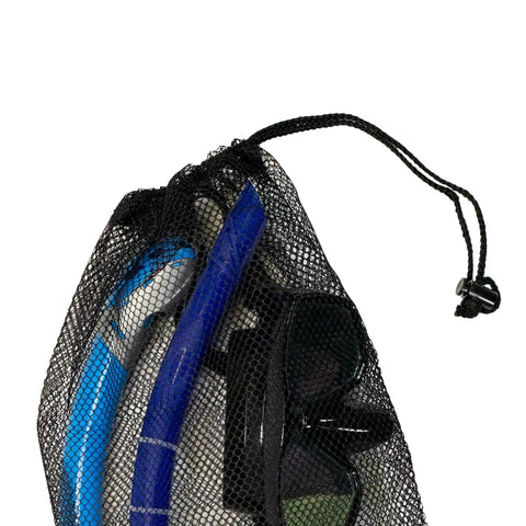 Drawstring Mesh Snorkeling Bag With Blue Bar For Mask And Snorkel Gear, 19 Inch By 11.5 Inch, quick access storage for gear
