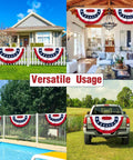 3x6 Ft Pleated American Bunting Flags Outdoor Set For 4th Of July And 250th Anniversary displayed on porch, fence, and truck
