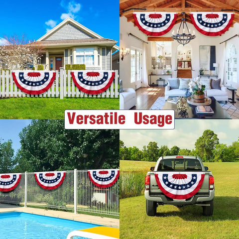 3x6 Ft Pleated American Bunting Flags Outdoor Set For 4th Of July And 250th Anniversary displayed on porch, fence, and truck