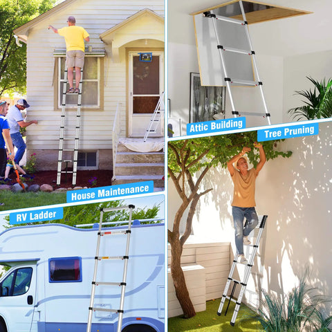 10.5 Ft Aluminum Telescoping Ladder With One Button Retraction Collapsible Extension For Home RV Attic And Loft Supports Up To 330 Lbs With Non Slip Cushions Lightweight And Easy To Carry used for house maintenance, attic building, RV ladder, and tree pruning