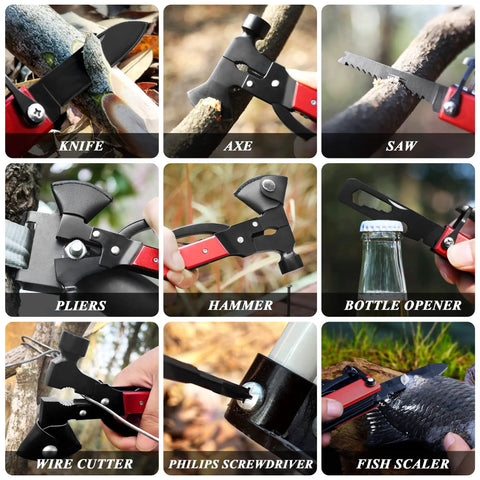 14-In-1 Multitool Camping Axe Hatchet with knife, saw, pliers, hammer, wire cutter, and bottle opener in action