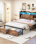 Queen Farmhouse Bed Frame In Rustic Brown Features Four Deep Drawer Storage And Open Bookshelf Headboard With Smart Led Lights Plus Dual Usb Charging Port Backed By Sturdy Metal Slats To Skip Box Springs For Real Zero Hustle Setup in cozy bedroom setting.