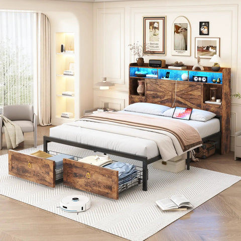 Queen Farmhouse Bed Frame In Rustic Brown Features Four Deep Drawer Storage And Open Bookshelf Headboard With Smart Led Lights Plus Dual Usb Charging Port Backed By Sturdy Metal Slats To Skip Box Springs For Real Zero Hustle Setup in cozy bedroom setting.