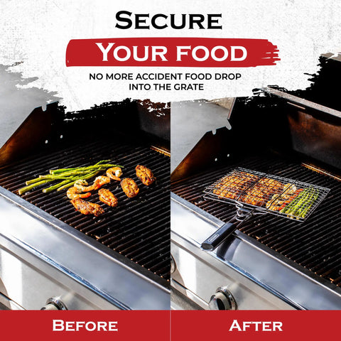 Before and after using Shallow Grill Basket Set For Outdoor Grilling Stainless Steel Folding Portable BBQ Rack With Skewers
