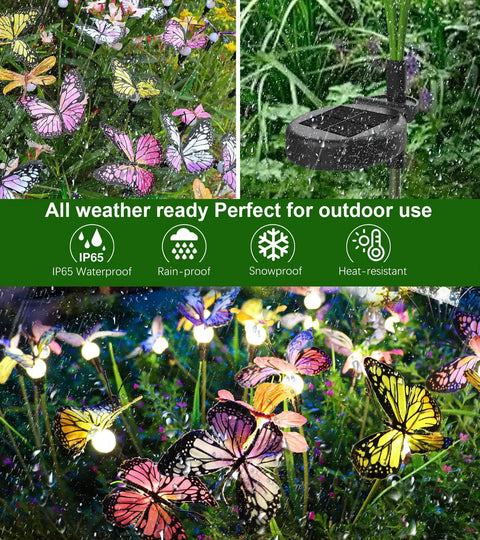 Colorful solar powered butterfly garden stake lights in rain and snow, 2-pack outdoor decor with rechargeable battery for 6-8 hours.