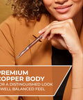 Woman holding Gel Pen With Copper Metal Body Slick 0.7mm Point Black Ink Fast Dry No Smear Technology in hand