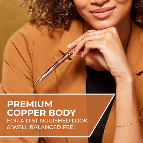 Woman holding Gel Pen With Copper Metal Body Slick 0.7mm Point Black Ink Fast Dry No Smear Technology in hand