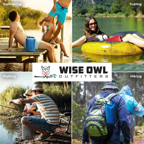 Three Pack Waterproof Dry Bags Set 5L 10L 20L Lightweight Airtight Floating Gear Organizer in outdoor activities collage.