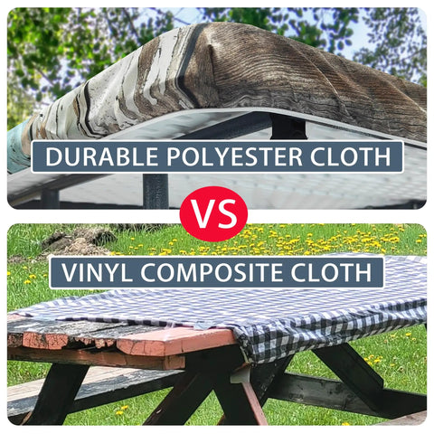 Comparison of Outdoor Picnic Table Cover With Elastic Edges And Bench Covers, Waterproof Fitted Tablecloth, in polyester vs vinyl.