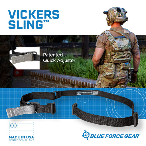 Person wearing tactical gear with Two Point Adjustable Tac Sling With Quick Adjuster, Made In The USA, Berry Compliant, Invista Cordura Webbing, OD Green Rifle Sling For Fast Transitions
