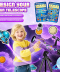 Child with telescope, 80mm Aperture Portable Astronomy Telescope For Kids And Grownups With 500mm Focal Length, stickers included