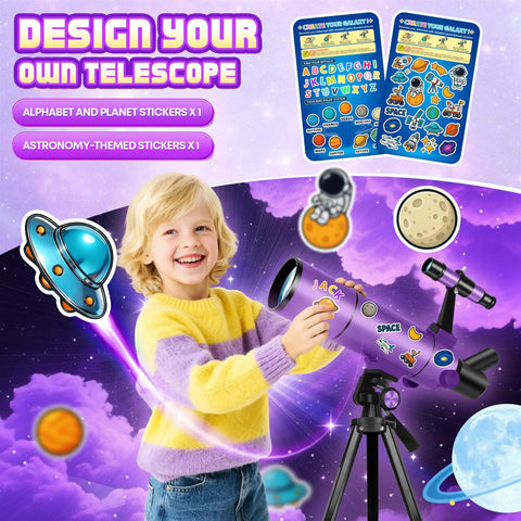 Child with telescope, 80mm Aperture Portable Astronomy Telescope For Kids And Grownups With 500mm Focal Length, stickers included