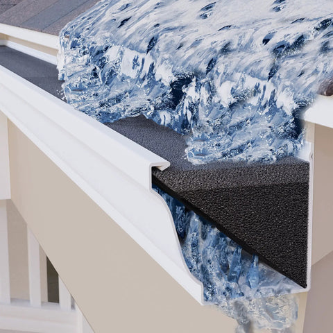 Foam Gutter Guard K-Style Gutter Filter Insert 6 Inch Surface Coated For Year Round Leaf Protection Plus Easy DIY Installation For 40 Feet Across 10 Sections installed on a roof during icy conditions.