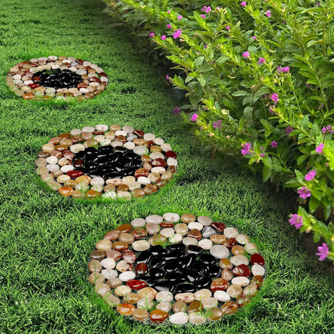 Six Piece River Rock Stepping Stone Mat Set, 10 Inch Round Polished Pebble Pavers For Yard, Lawn, Patio, and Pathway Decor