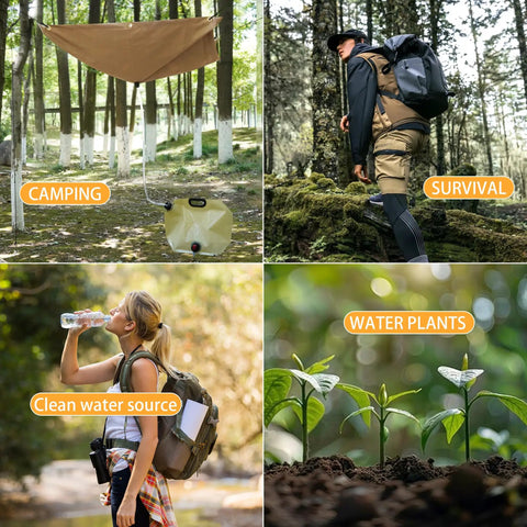Portable Rainwater Collection System For Camping With A 5 By 5 Foot Hanging Tarp And A 2.2 Gallon Collapsible Water Bag in forest