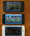 Configurable Auto On Off Bluetooth Low Energy OBD II Car Diagnostic Tool connected to iPhones displaying car data.