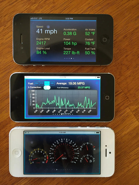 Configurable Auto On Off Bluetooth Low Energy OBD II Car Diagnostic Tool connected to iPhones displaying car data.