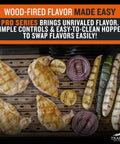 Pro 22 Wood Pellet Grill And Smoker with chicken, zucchini, onion on grill, showcasing wood-fired grilling versatility