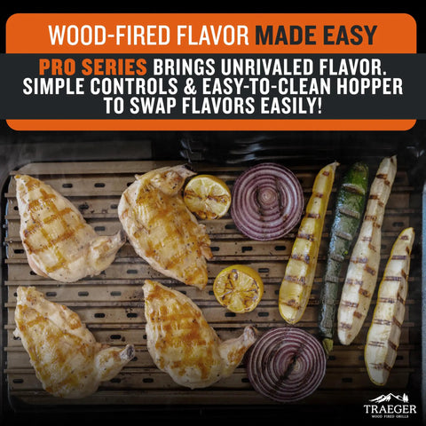 Pro 22 Wood Pellet Grill And Smoker with chicken, zucchini, onion on grill, showcasing wood-fired grilling versatility